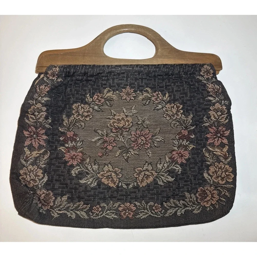 Vintage Floral Tapestry Purse Work Bag Wood Handles Black Pink Green Cream 15x15